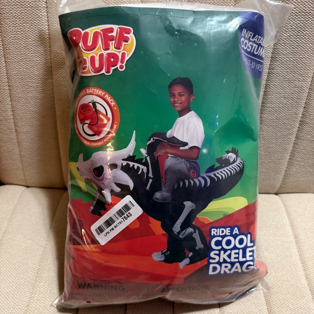 Puff Up Inflatable Skeleton Dragon Costume Child 7-10 Black White New Ride-On